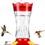 A red glass hummingbird feeder with star decorations, four feeding ports with perches, and a built-in ant moat.