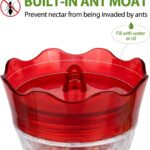 A red glass hummingbird feeder with star decorations, four feeding ports with perches, and a built-in ant moat.