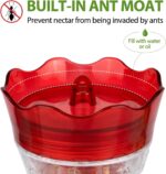 A red glass hummingbird feeder with star decorations, four feeding ports with perches, and a built-in ant moat.