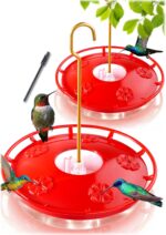 Two pure red eWonLife saucer hummingbird feeders with clear bases, hanging outdoors among green foliage.