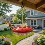 Two pure red eWonLife saucer hummingbird feeders with clear bases, hanging outdoors among green foliage.