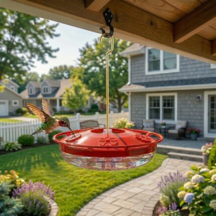 Two pure red eWonLife saucer hummingbird feeders with clear bases, hanging outdoors among green foliage.