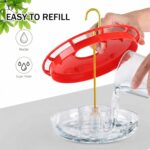 Two pure red eWonLife saucer hummingbird feeders with clear bases, hanging outdoors among green foliage.