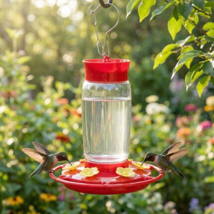Two red Hpewi plastic hummingbird feeders with yellow flower feeding ports and ant moats, hanging outdoors.