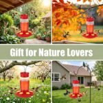 Two red Hpewi plastic hummingbird feeders with yellow flower feeding ports and ant moats, hanging outdoors.