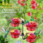 Four iBorn mini hummingbird feeders with red silicone flower feeding ports, hanging outdoors with a hummingbird nearby.