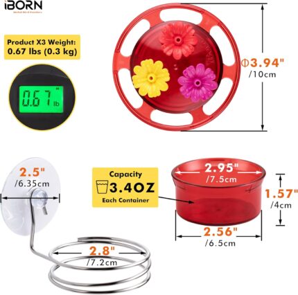 Three red iBorn window hummingbird feeders with clear nectar reservoirs, suction cups, and feeding ports.