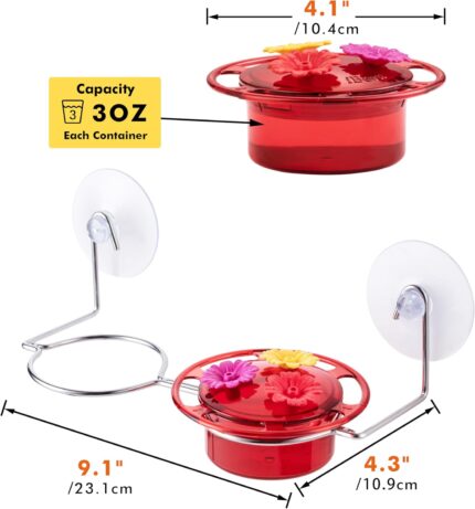 A vibrant red iBorn window hummingbird feeder with clear nectar reservoir, attached to a window pane via a large suction cup,