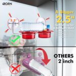 A vibrant red iBorn window hummingbird feeder with clear nectar reservoir, attached to a window pane via a large suction cup,