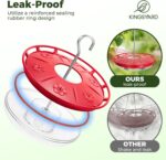 Two red Kingsyard saucer hummingbird feeders with clear bases and flower-shaped feeding ports, hanging outdoors.