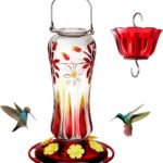 A vibrant Kingsyard Royal Red glass hummingbird feeder with a built-in ant moat and multiple feeding ports.