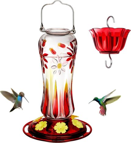 A vibrant Kingsyard Royal Red glass hummingbird feeder with a built-in ant moat and multiple feeding ports.