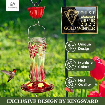 A vibrant Kingsyard Royal Red glass hummingbird feeder with a built-in ant moat and multiple feeding ports.