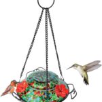 Vibrant blue sunset hand-blown glass hummingbird feeder with three feeding ports and a decorative hanging basket.