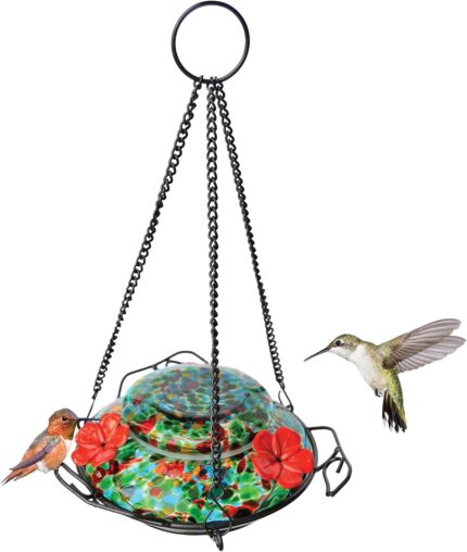 Vibrant blue sunset hand-blown glass hummingbird feeder with three feeding ports and a decorative hanging basket.
