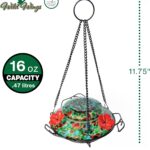 Vibrant blue sunset hand-blown glass hummingbird feeder with three feeding ports and a decorative hanging basket.