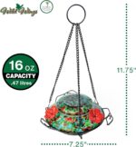 Vibrant blue sunset hand-blown glass hummingbird feeder with three feeding ports and a decorative hanging basket.