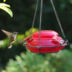 A vibrant red, hand-blown glass hummingbird feeder with a decorative hanging basket and three feeding ports.