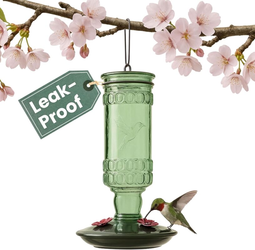 Perky-Pet Antique Green Glass Hummingbird Feeder with a brushed nickel base and four flower-shaped feeding ports, hanging out