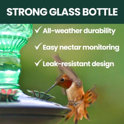 Perky-Pet Antique Green Glass Hummingbird Feeder with a brushed nickel base and four flower-shaped feeding ports, hanging out