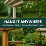 Perky-Pet Antique Green Glass Hummingbird Feeder with a brushed nickel base and four flower-shaped feeding ports, hanging out