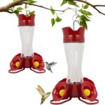Two clear glass Perky-Pet hummingbird feeders with red flower feeding ports and U-shaped perches, hanging outdoors.