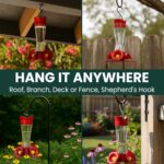 Two clear glass Perky-Pet hummingbird feeders with red flower feeding ports and U-shaped perches, hanging outdoors.
