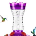 A vibrant purple glass hummingbird feeder with four flower-shaped feeding ports and a built-in ant moat, ready for hanging.