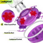 A vibrant purple glass hummingbird feeder with four flower-shaped feeding ports and a built-in ant moat, ready for hanging.